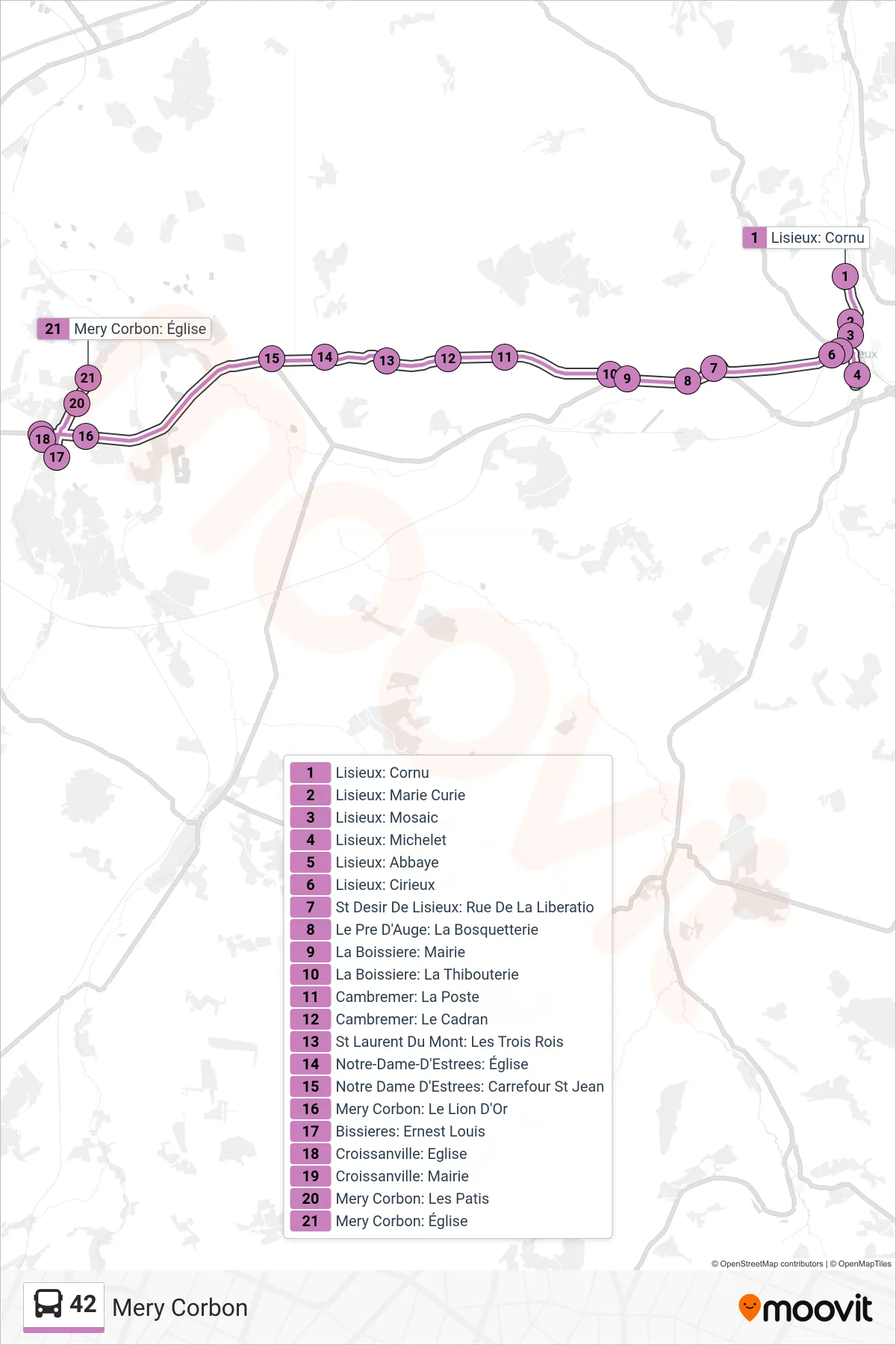 Tracé et arrêts de la ligne 42 de bus (Mery Corbon) sur une carte