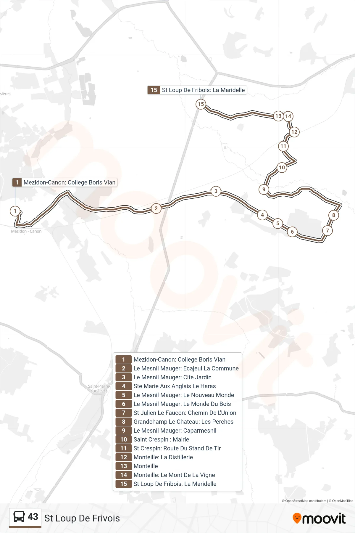 Tracé et arrêts de la ligne 43 de bus (St Loup De Frivois) sur une carte