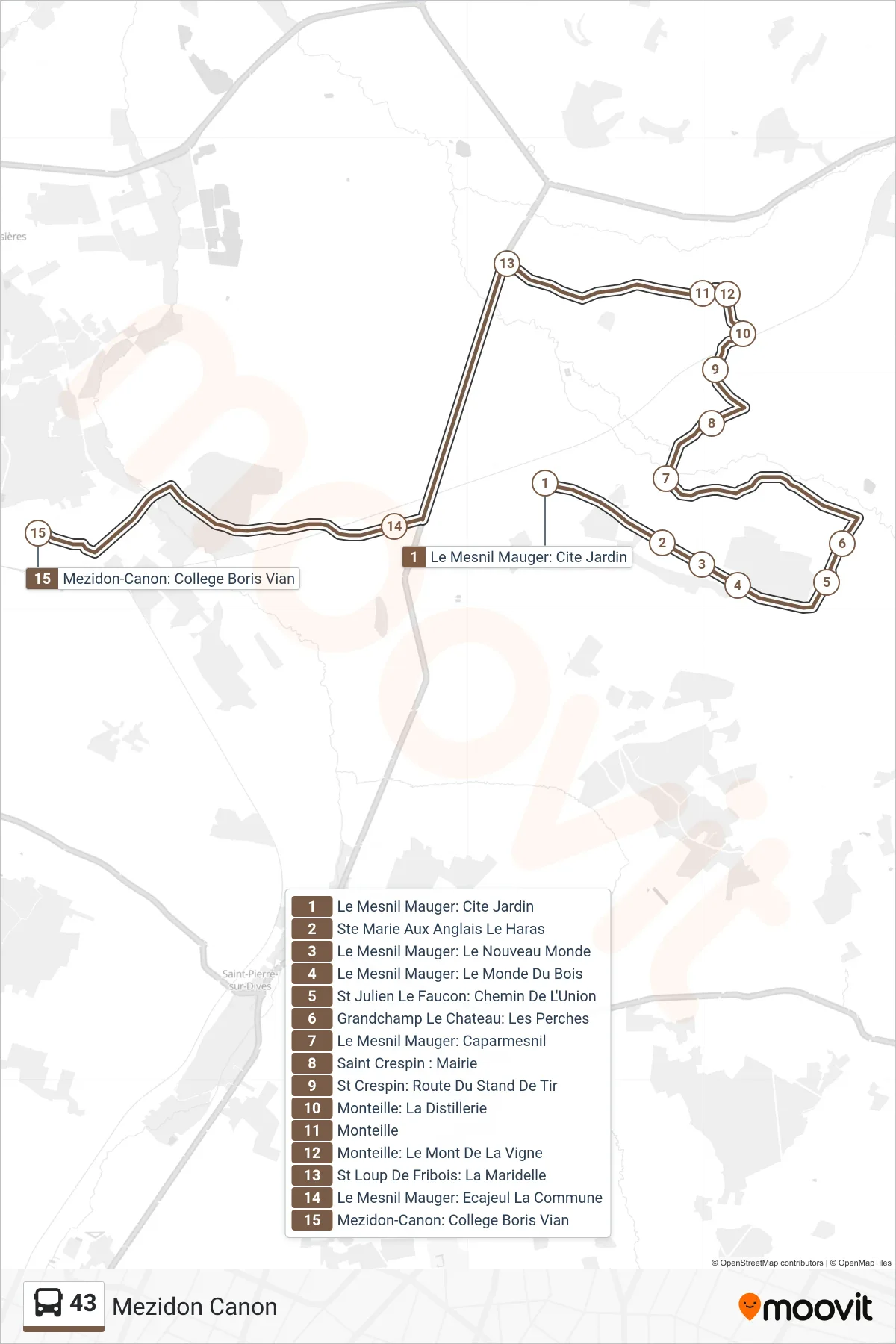 Tracé et arrêts de la ligne 43 de bus (Mezidon Canon) sur une carte