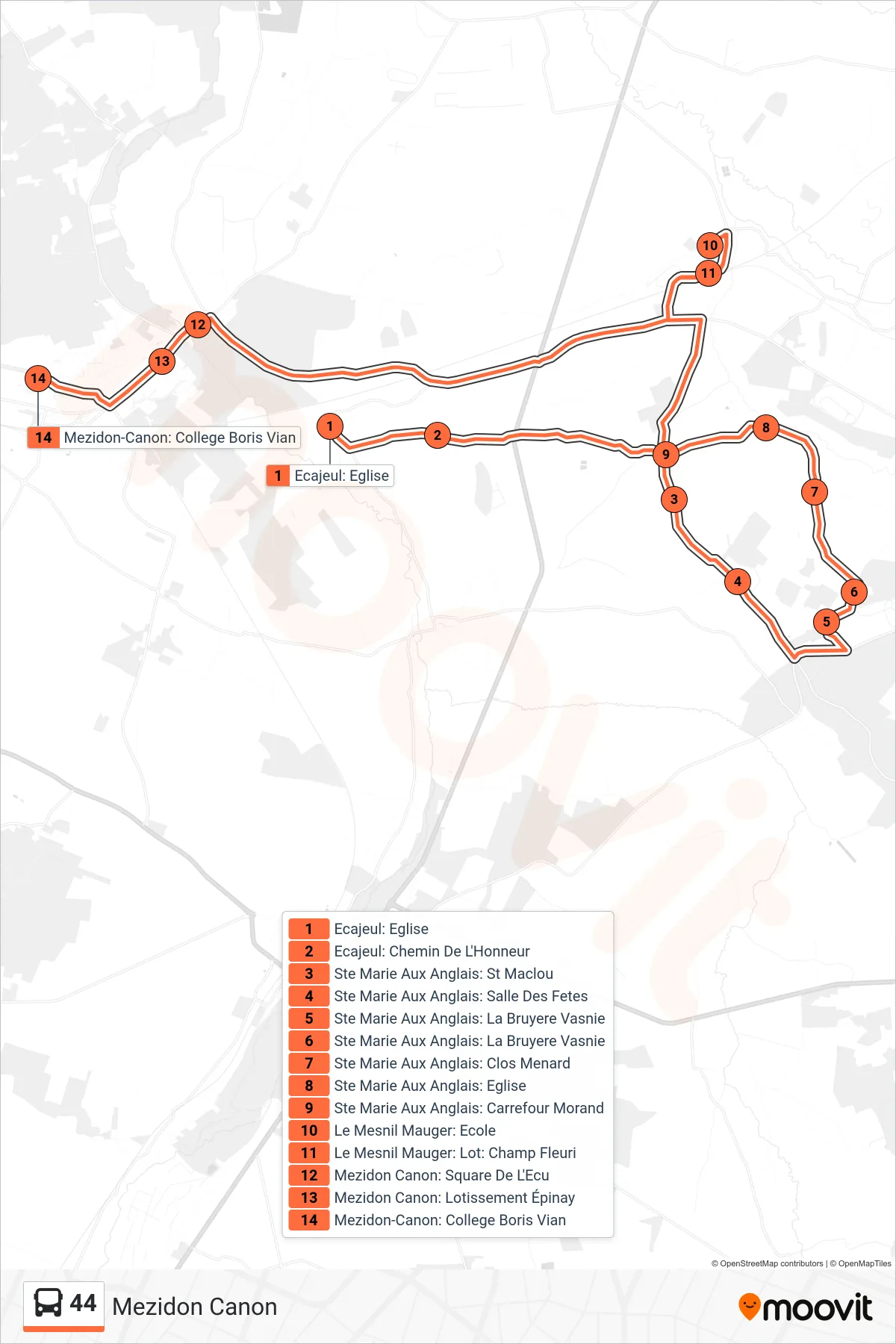 Tracé et arrêts de la ligne 44 de bus (Mezidon Canon) sur une carte