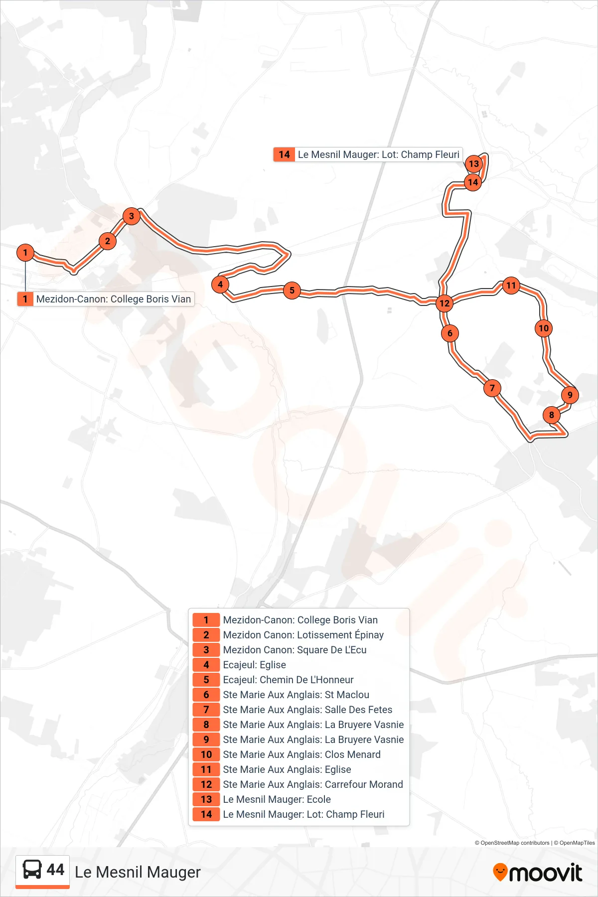 Tracé et arrêts de la ligne 44 de bus (Le Mesnil Mauger) sur une carte