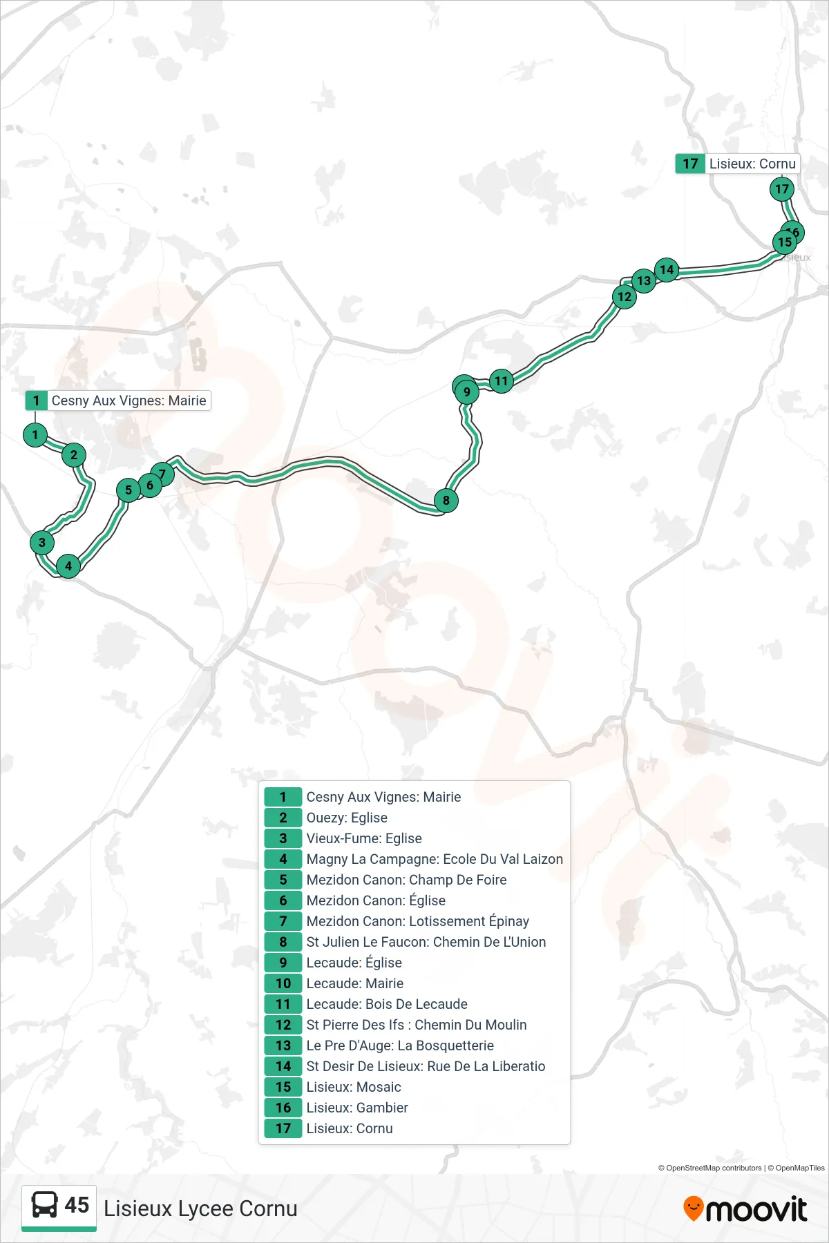 Recorrido y paradas de la línea 45 de autobús (Lisieux Lycee Cornu) en el mapa