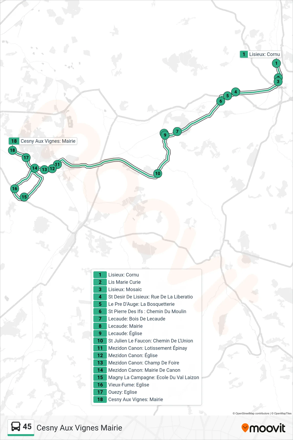Tracé et arrêts de la ligne 45 de bus (Cesny Aux Vignes Mairie) sur une carte