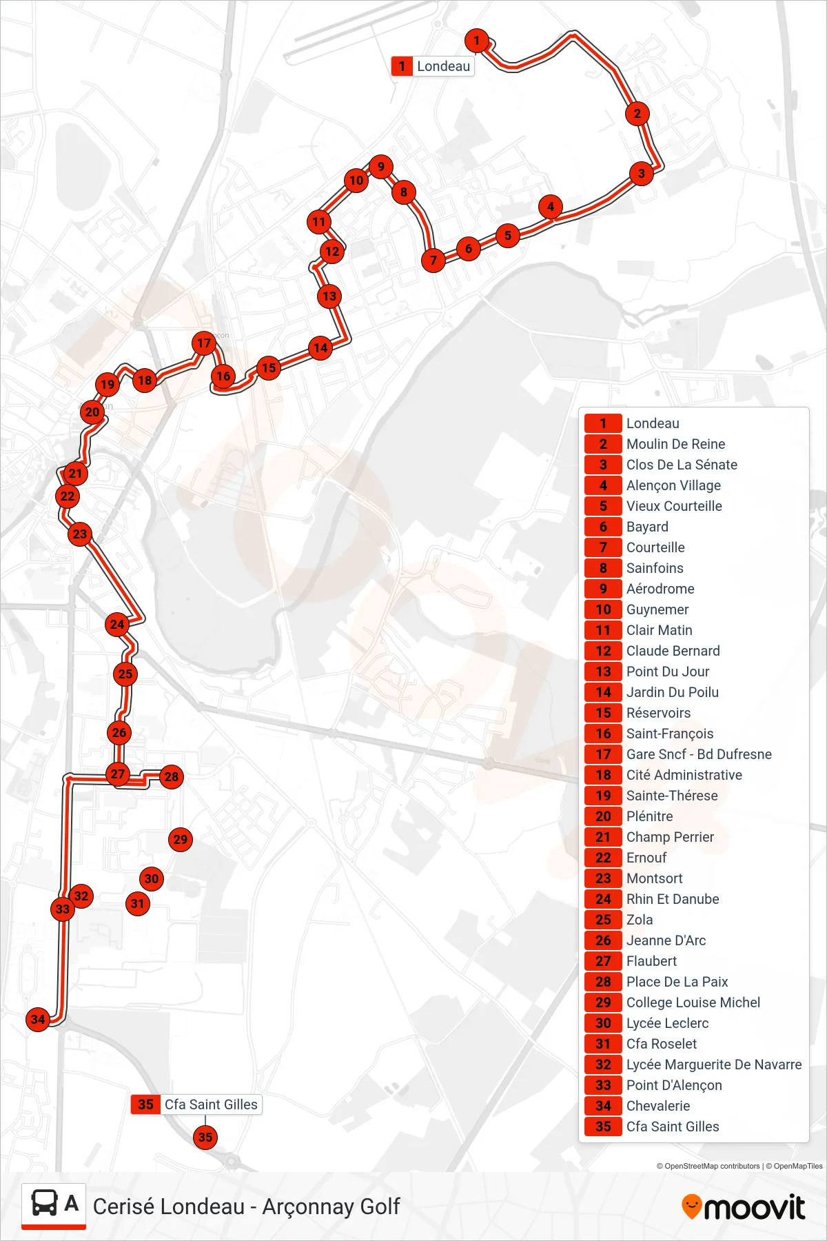 Tracé et arrêts de la ligne A de bus (Cfa Saint-Gilles Par Chevalerie) sur une carte
