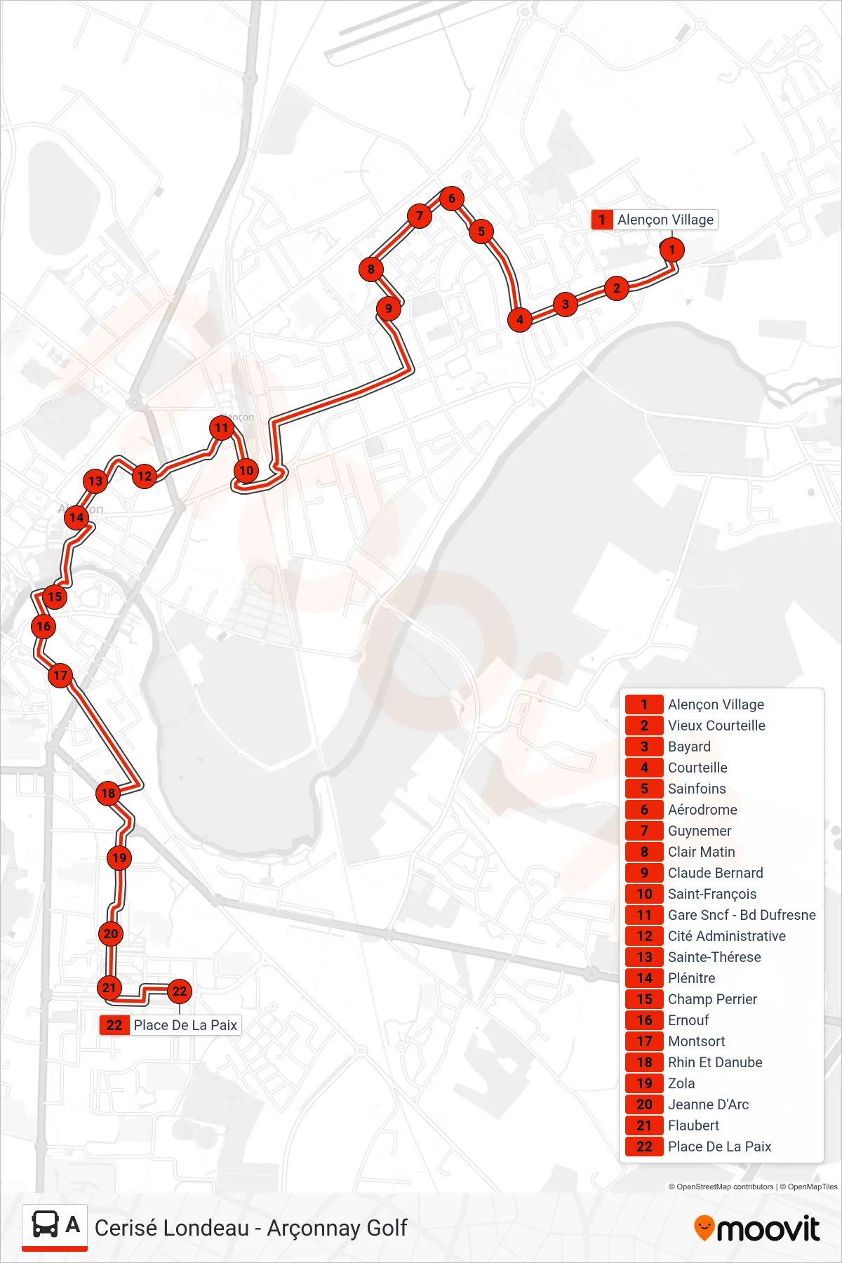 A bus Line (Place De La Paix) route and stops on a map