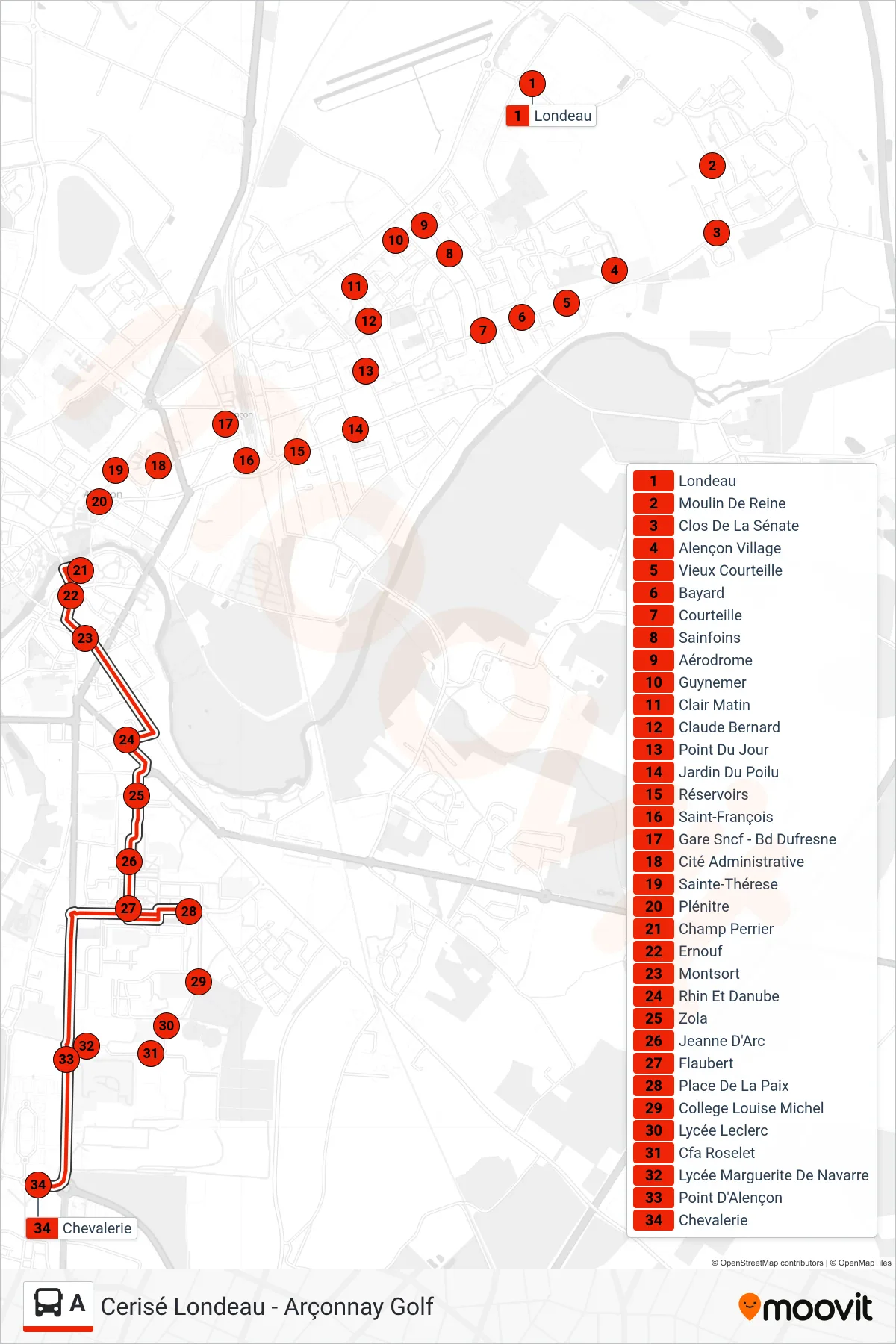 Tracé et arrêts de la ligne A de bus (Chevalerie) sur une carte