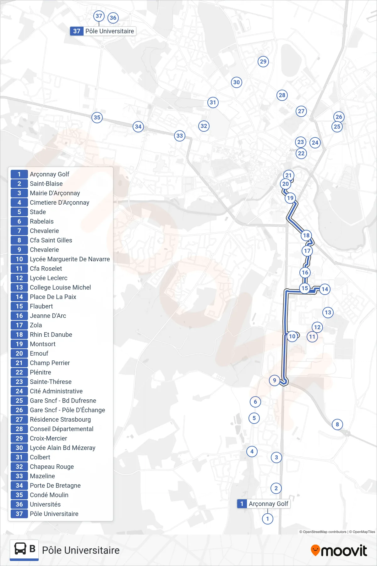 Tracé et arrêts de la ligne B de bus (Pôle Universitaire) sur une carte