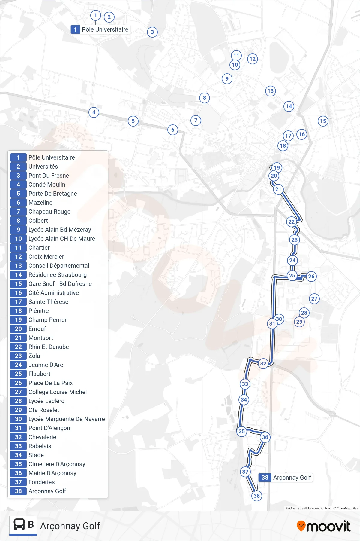 Tracé et arrêts de la ligne B de bus (Arçonnay Golf) sur une carte