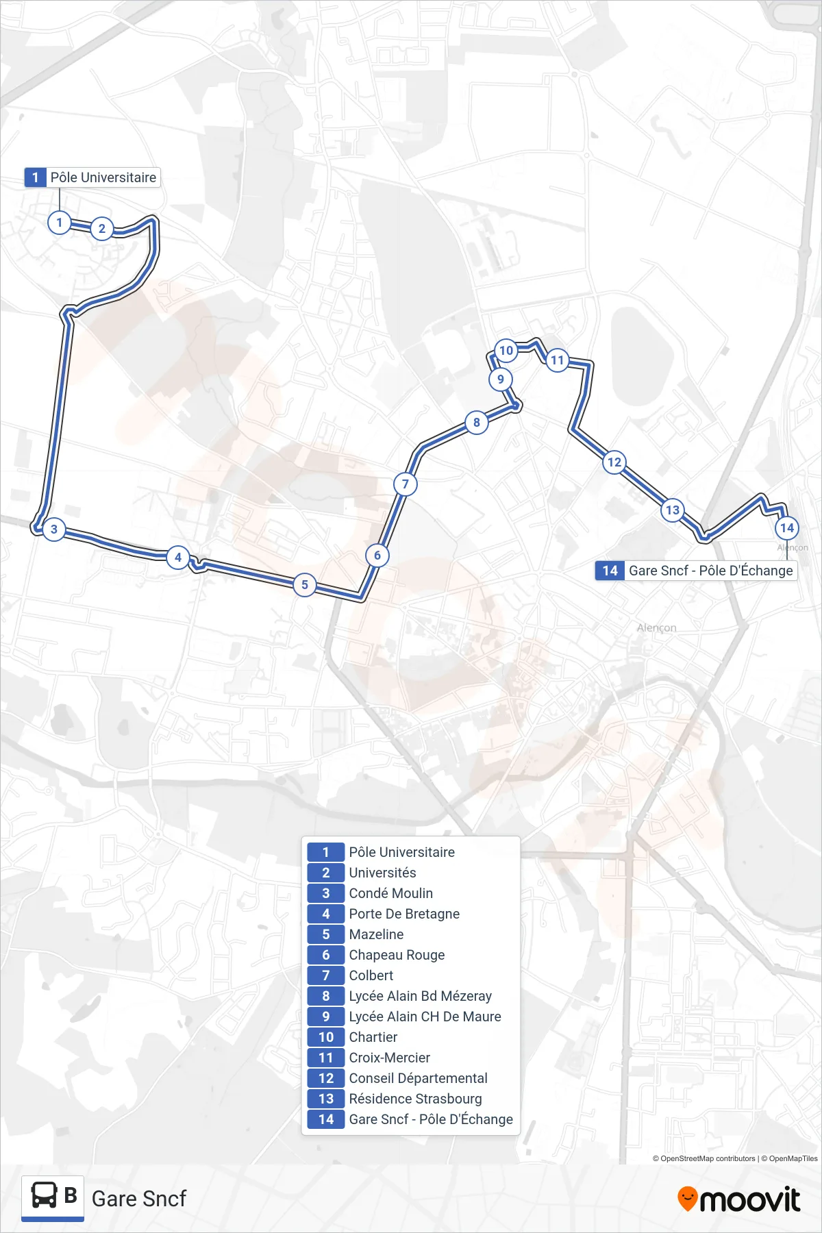 Tracé et arrêts de la ligne B de bus (Gare Sncf) sur une carte
