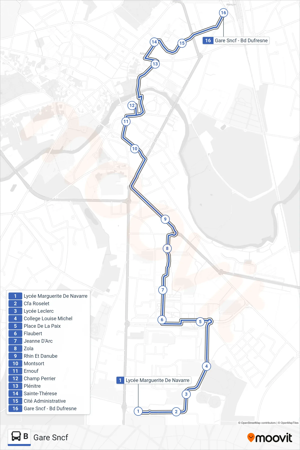 Tracé et arrêts de la ligne B de bus (Gare Sncf) sur une carte