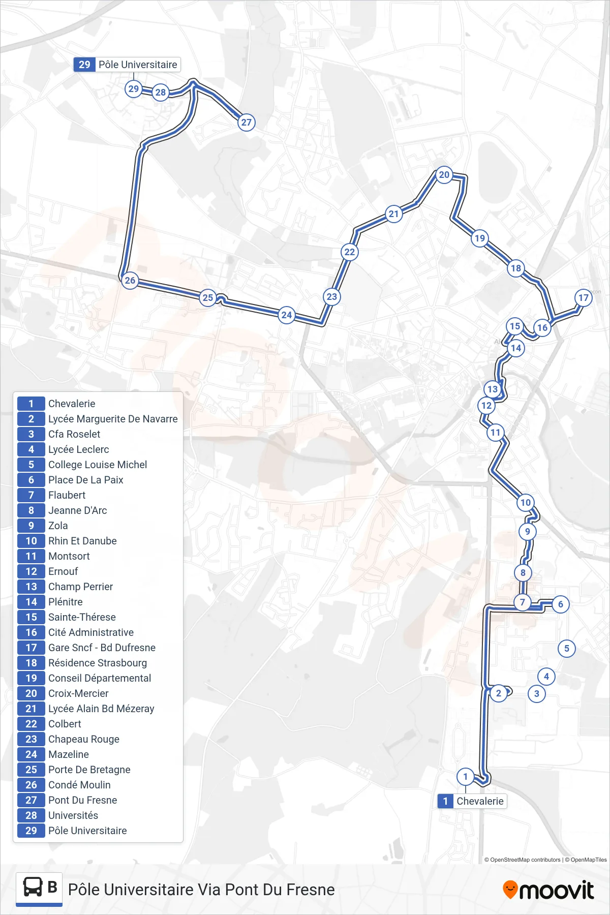 B bus Line (Pôle Universitaire Via Pont Du Fresne) route and stops on a map