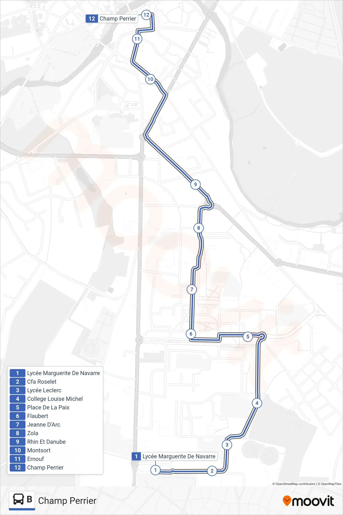 Tracé et arrêts de la ligne B de bus (Champ Perrier) sur une carte