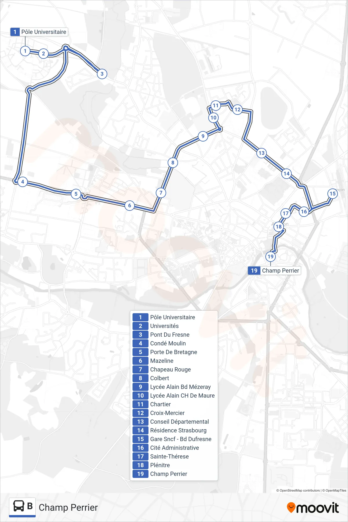 Tracé et arrêts de la ligne B de bus (Champ Perrier) sur une carte