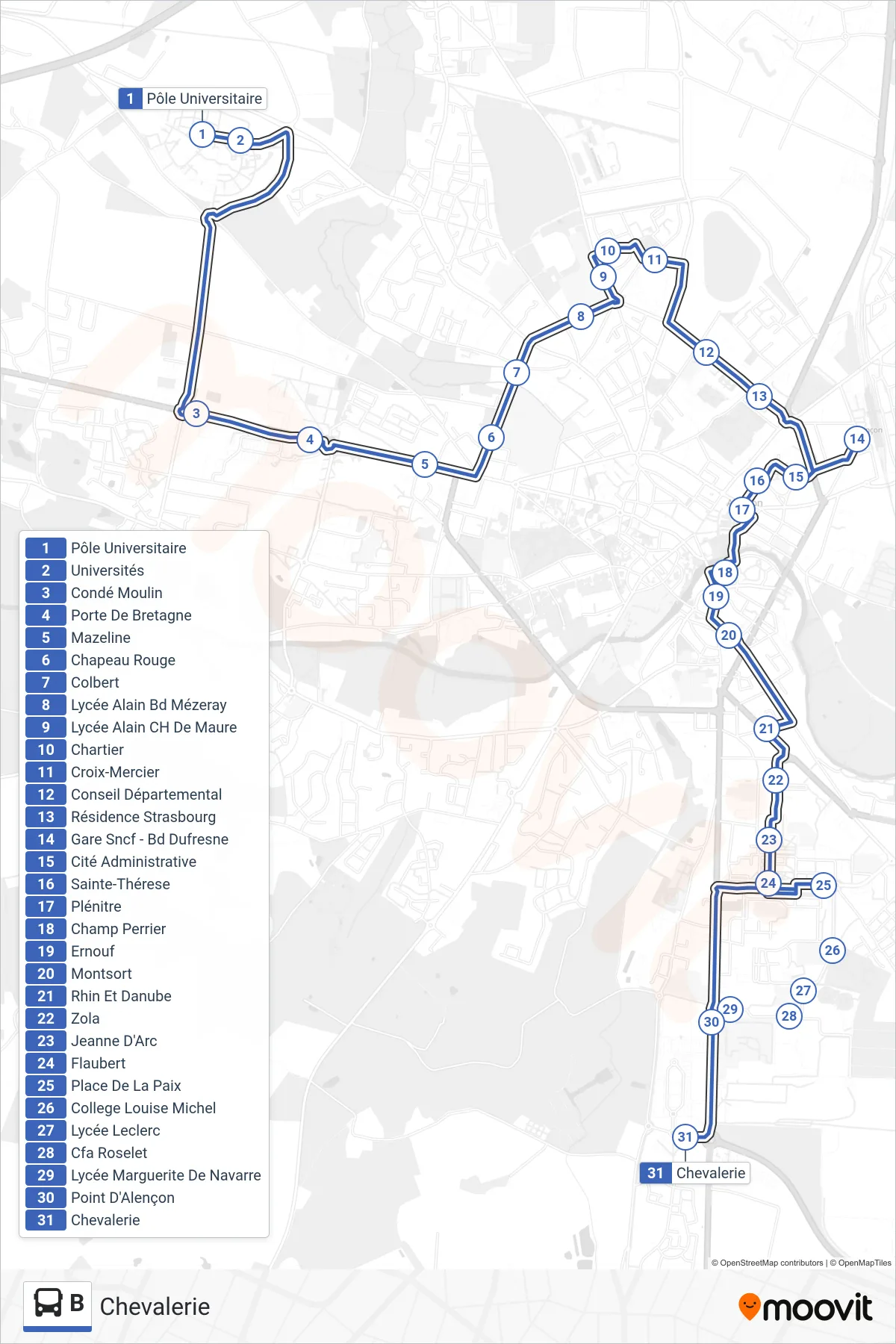 Tracé et arrêts de la ligne B de bus (Chevalerie) sur une carte