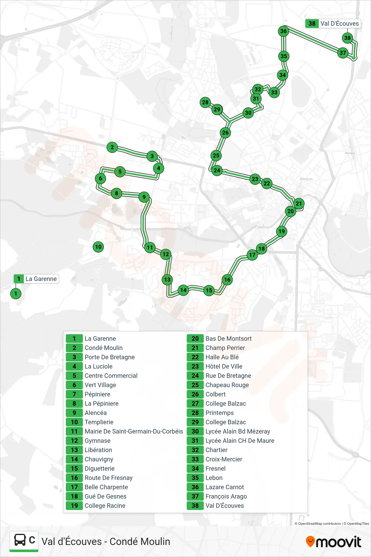 Tracé et arrêts de la ligne C de bus (Val D'Écouves) sur une carte