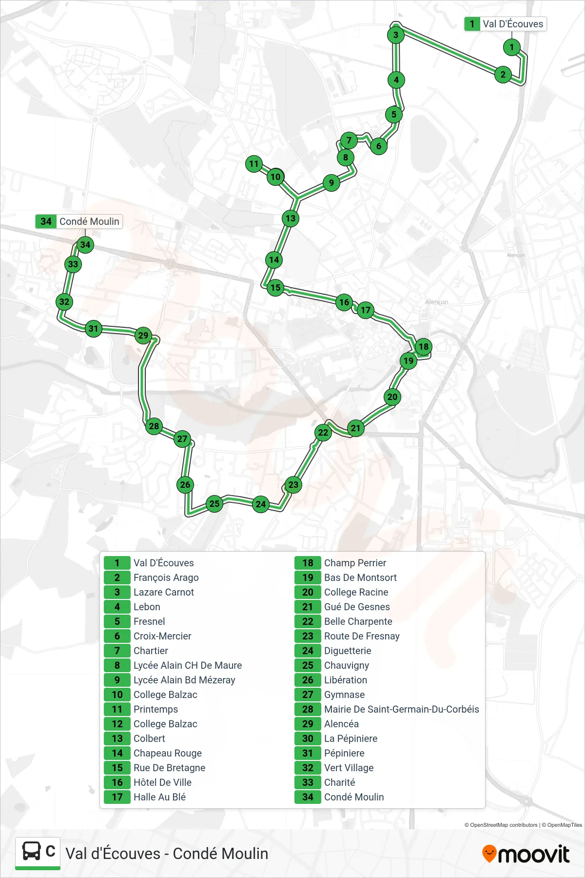 Tracé et arrêts de la ligne C de bus (Condé Moulin) sur une carte