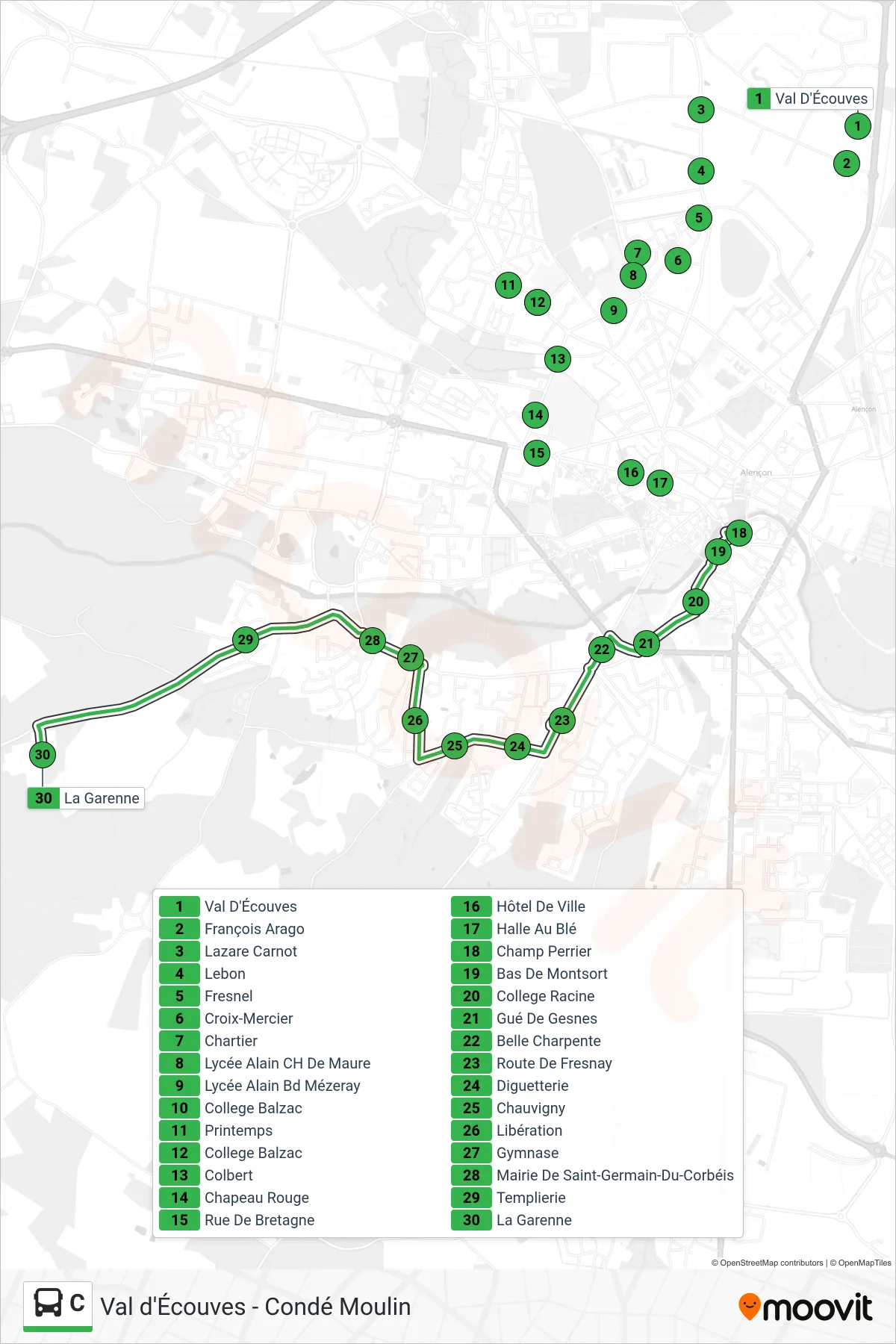 Recorrido y paradas de la línea C de autobús (La Garenne) en el mapa