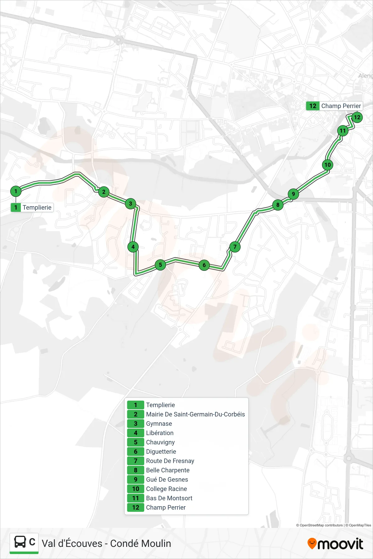 Tracé et arrêts de la ligne C de bus (Champ Perrier) sur une carte