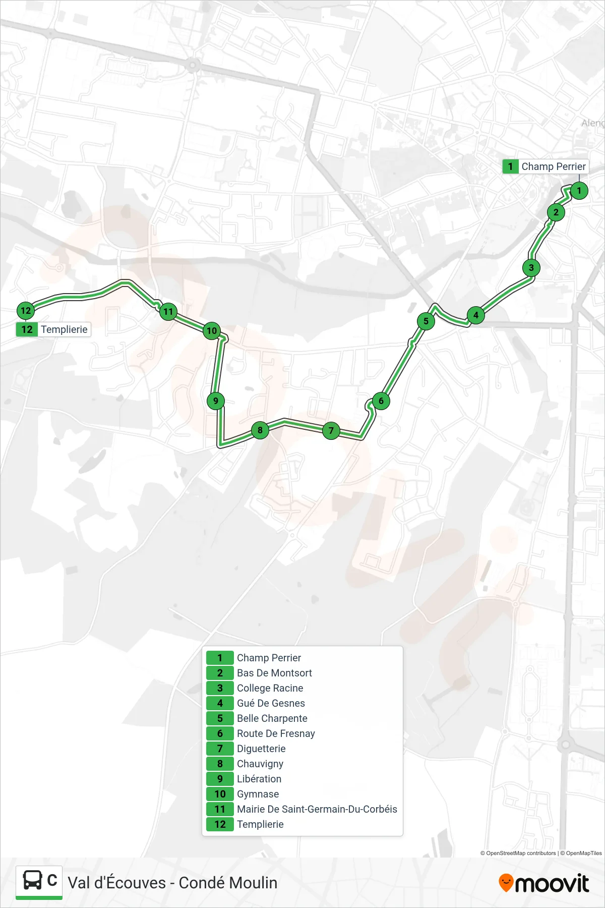 Recorrido y paradas de la línea C de autobús (Templierie) en el mapa