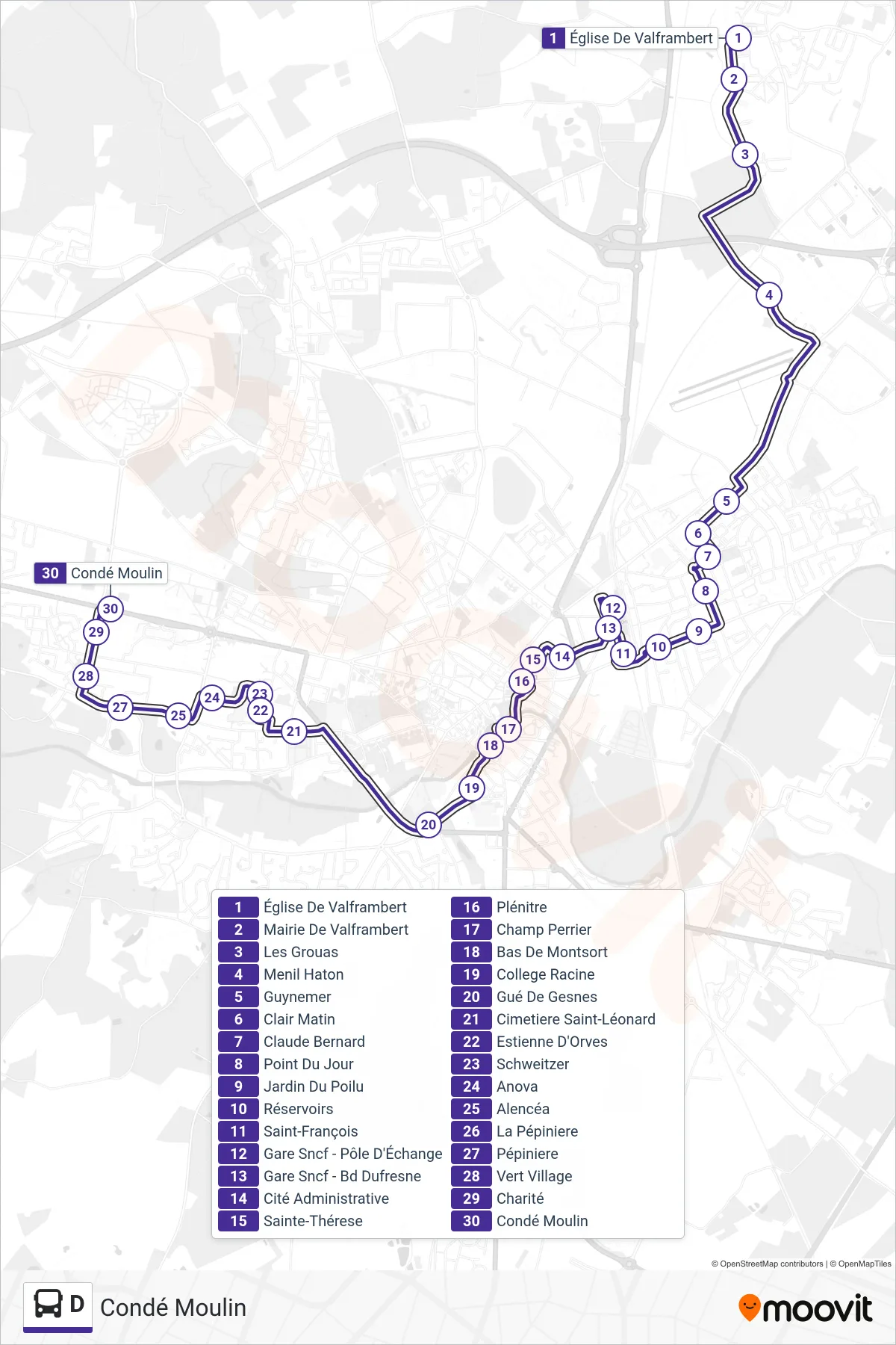Tracé et arrêts de la ligne D de bus (Condé Moulin) sur une carte