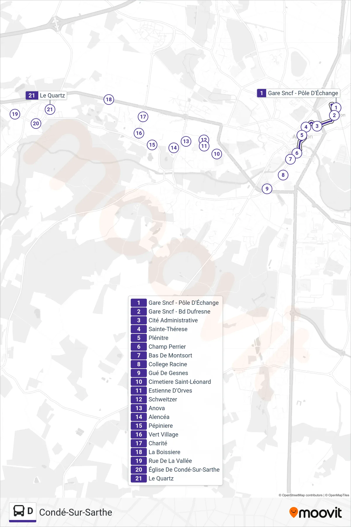 Tracé et arrêts de la ligne D de bus (Condé-Sur-Sarthe) sur une carte