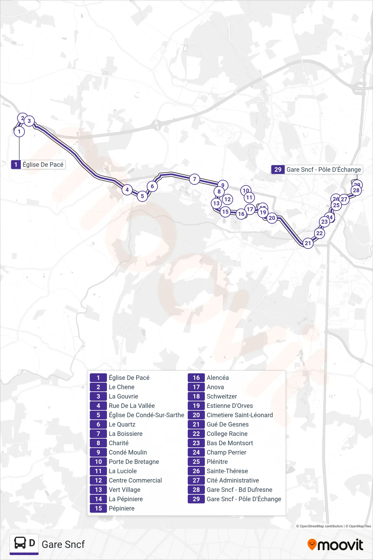 Recorrido y paradas de la línea D de autobús (Gare Sncf) en el mapa