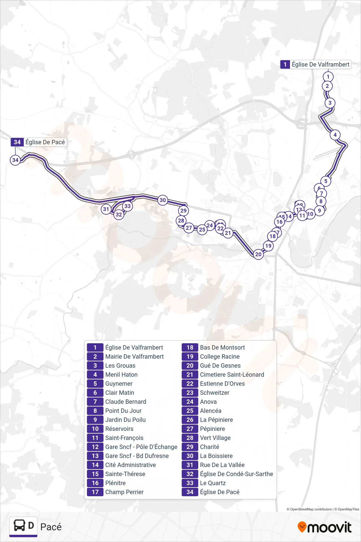 Recorrido y paradas de la línea D de autobús (Pacé) en el mapa