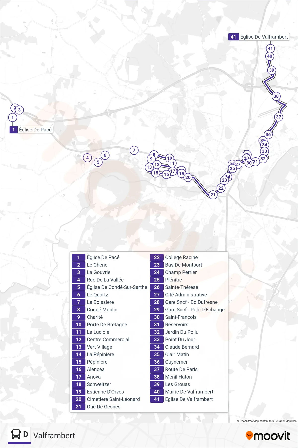 Recorrido y paradas de la línea D de autobús (Valframbert) en el mapa