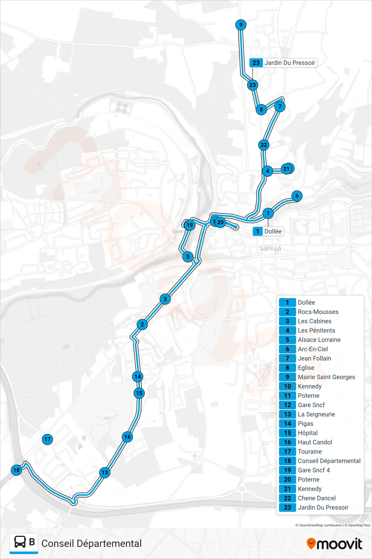 Tracé et arrêts de la ligne B de bus (Conseil Départemental) sur une carte