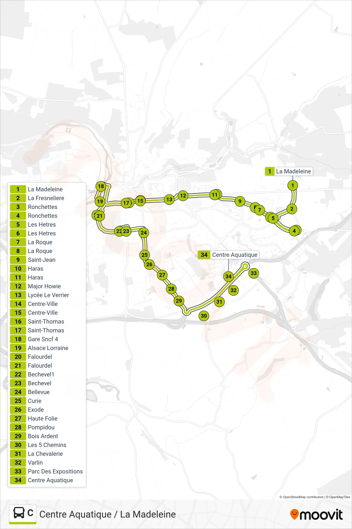 Tracé et arrêts de la ligne C de bus (Centre Aquatique) sur une carte