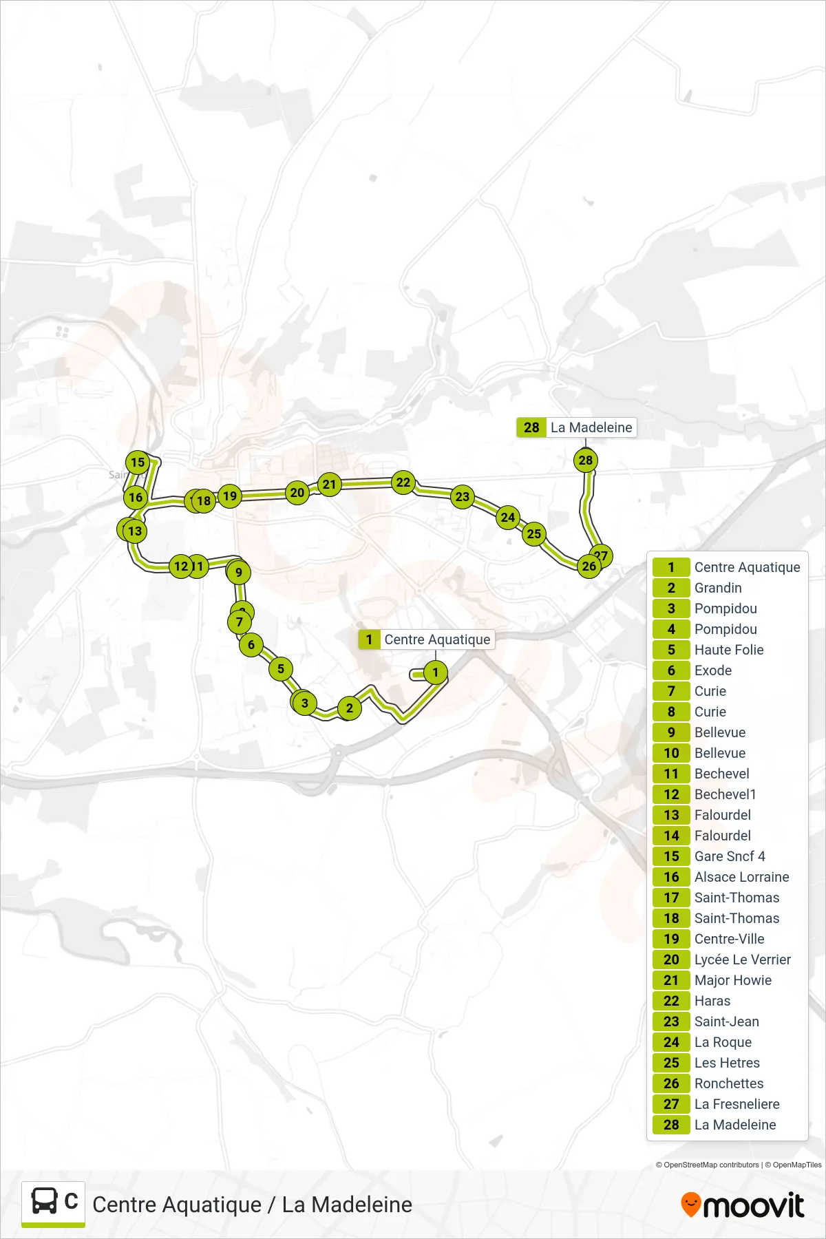 Tracé et arrêts de la ligne C de bus (La Madeleine) sur une carte