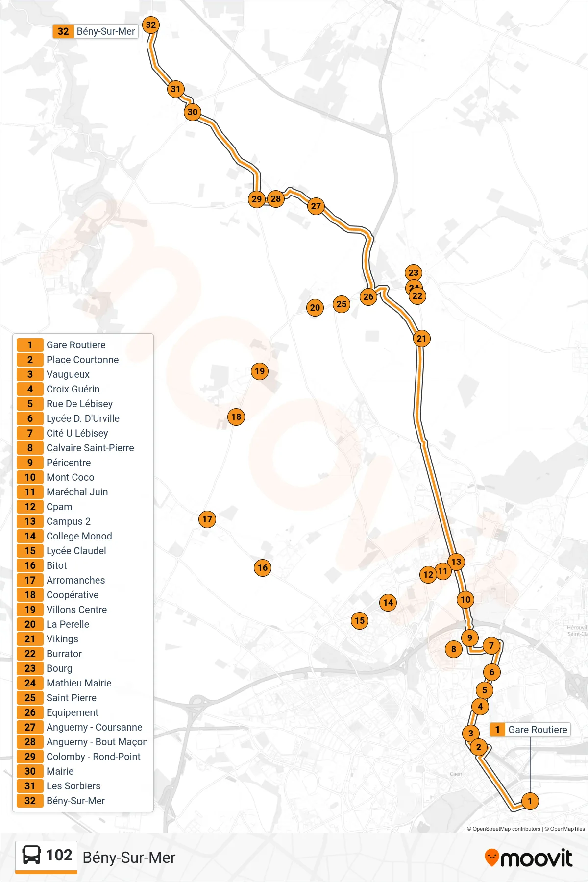 Tracé et arrêts de la ligne 102 de bus (Bény-Sur-Mer) sur une carte