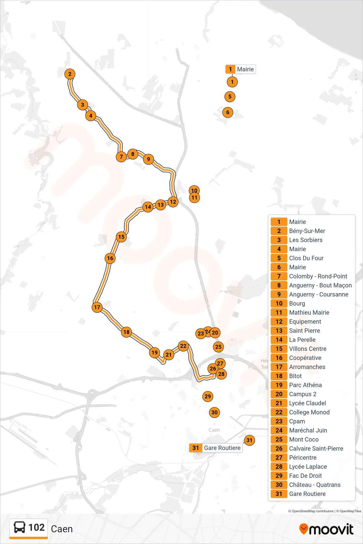 Tracé et arrêts de la ligne 102 de bus (Caen) sur une carte
