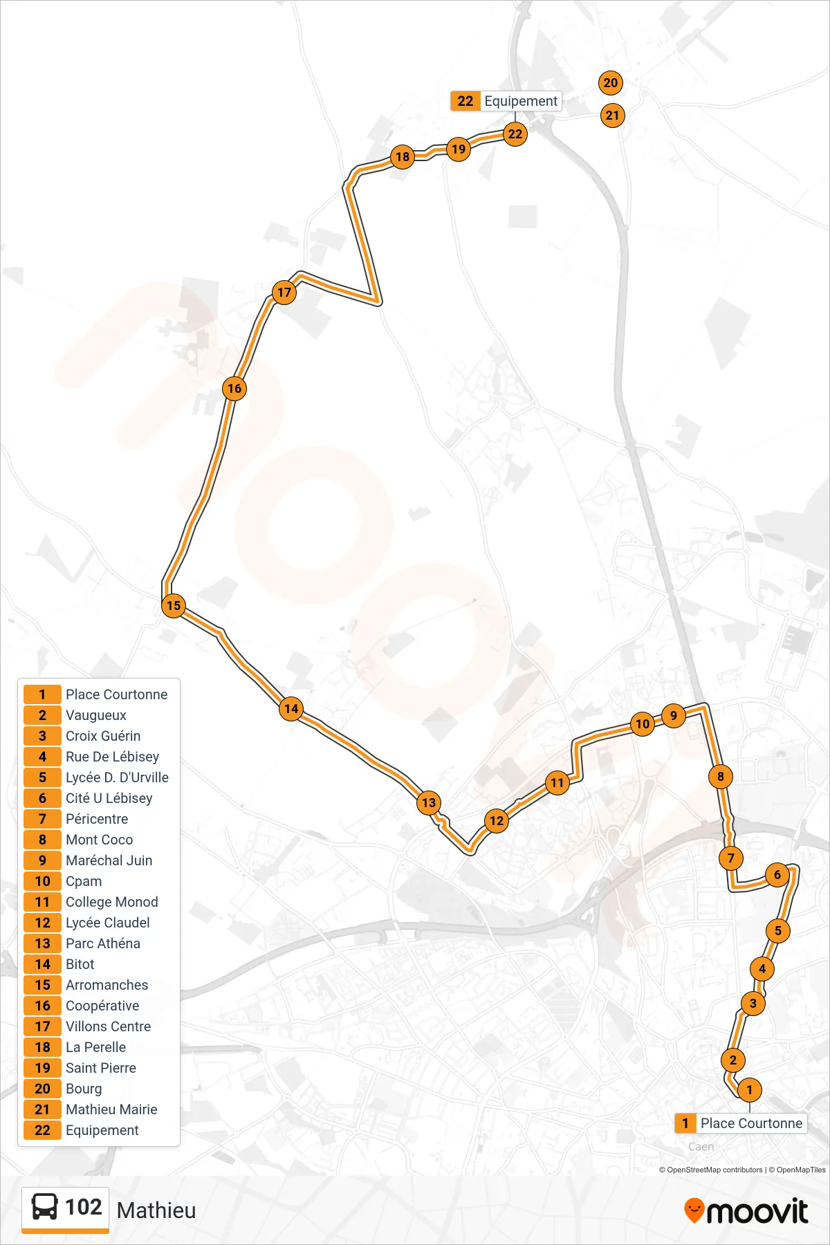 Tracé et arrêts de la ligne 102 de bus (Mathieu) sur une carte