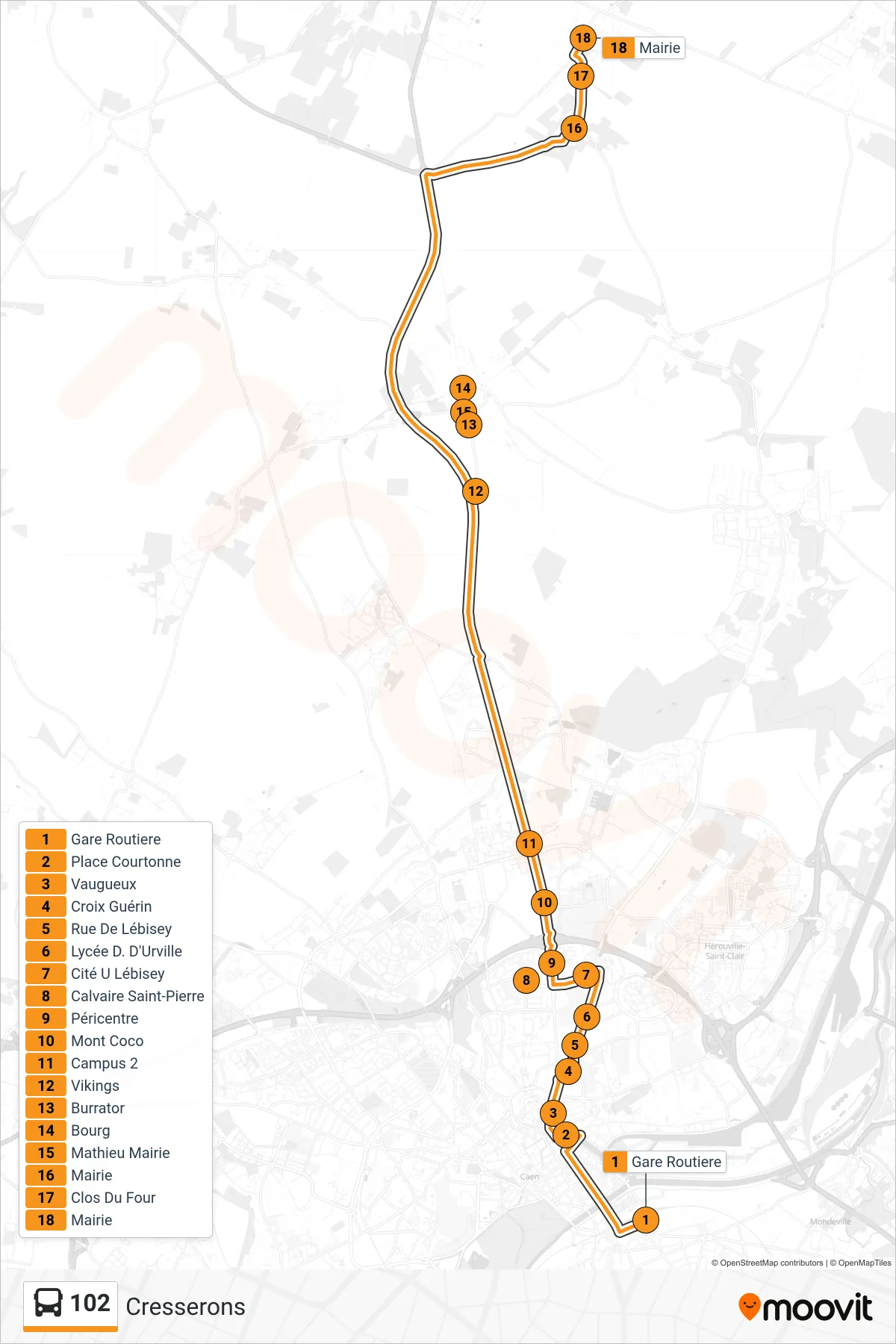 Tracé et arrêts de la ligne 102 de bus (Cresserons) sur une carte