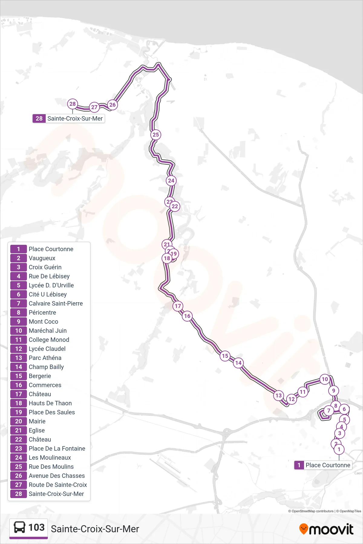 Recorrido y paradas de la línea 103 de autobús (Sainte-Croix-Sur-Mer) en el mapa