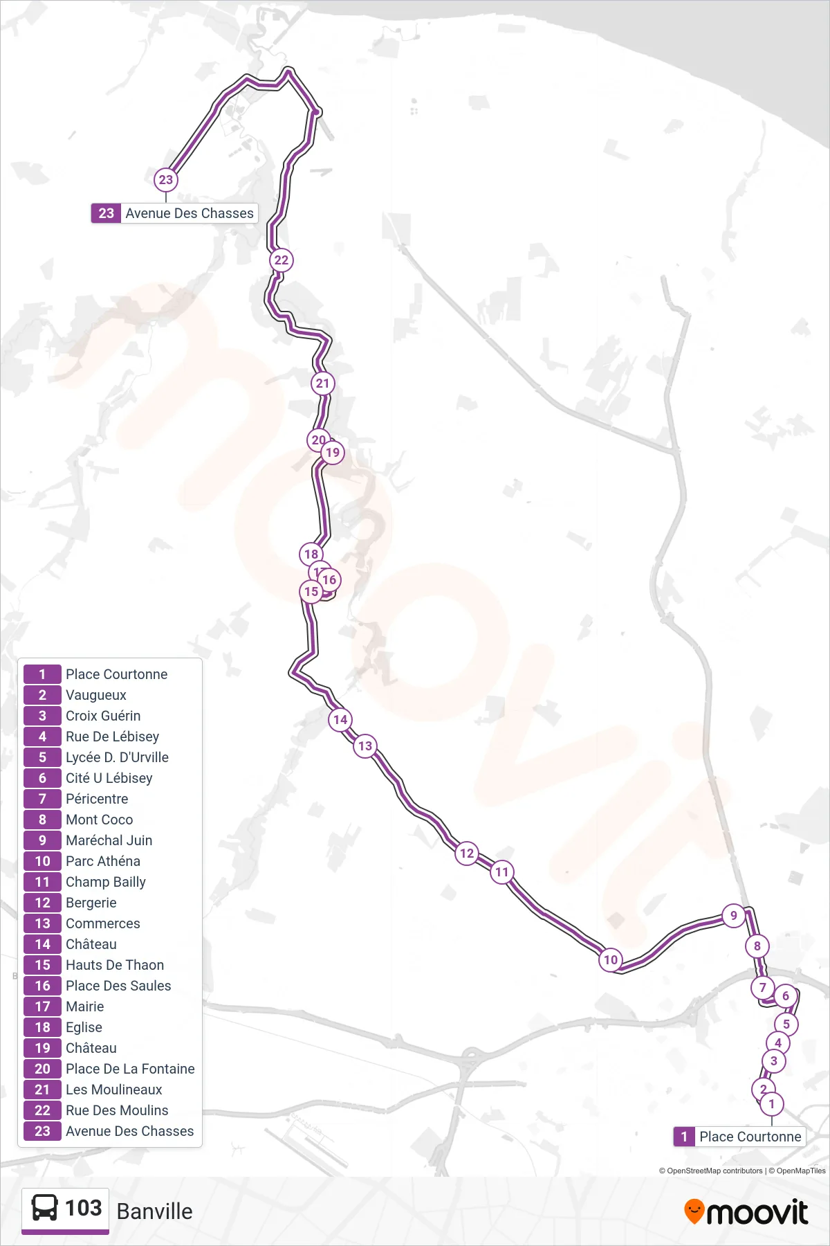 Tracé et arrêts de la ligne 103 de bus (Banville) sur une carte