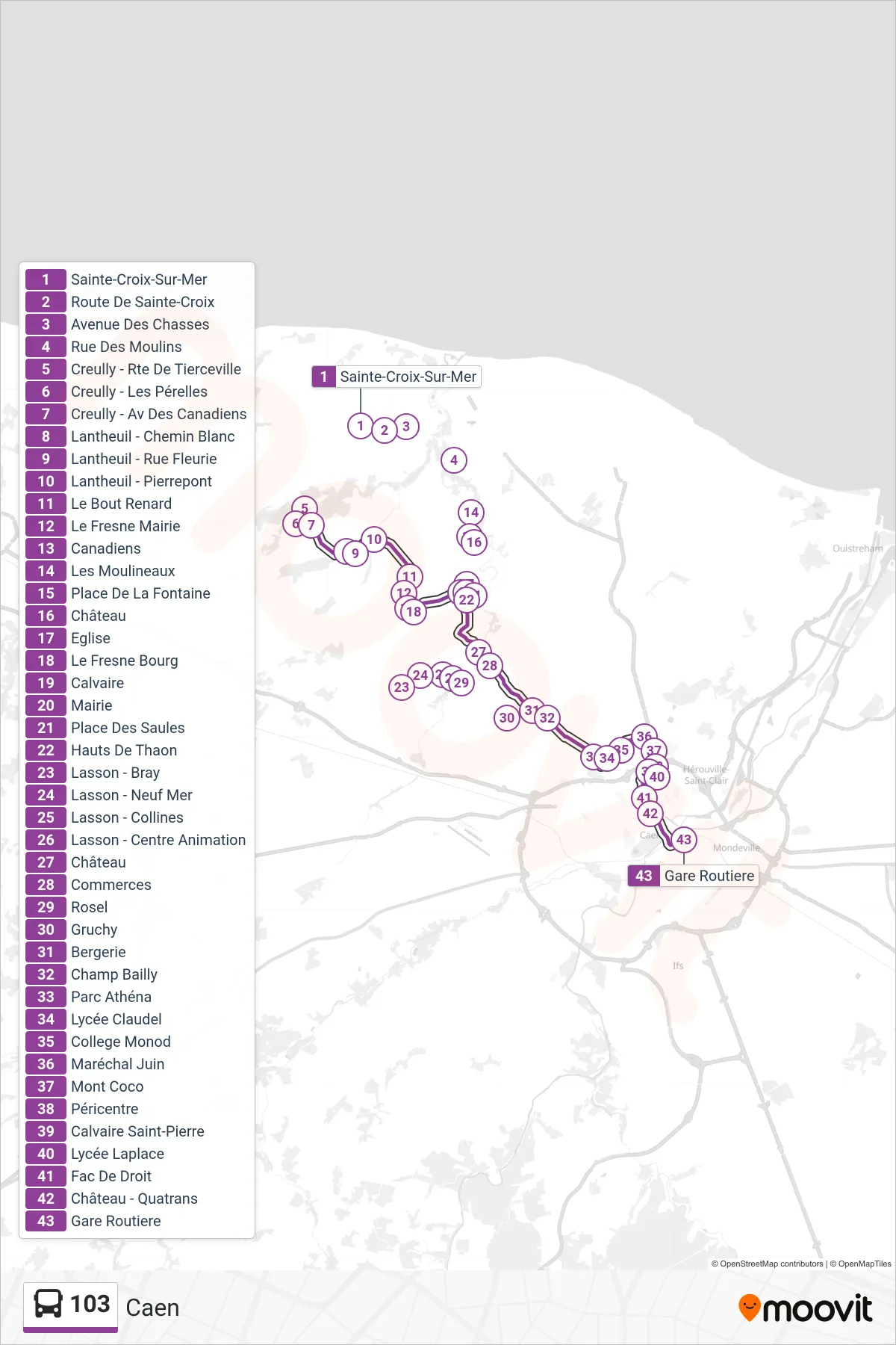 103 bus Line (Caen) route and stops on a map