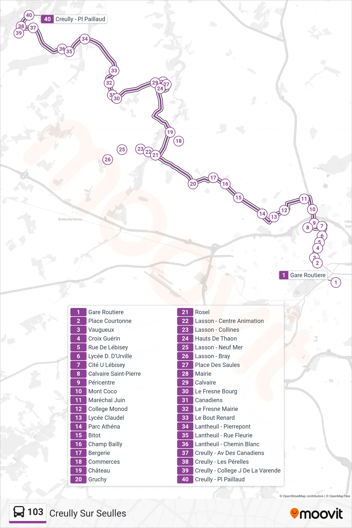 Tracé et arrêts de la ligne 103 de bus (Creully Sur Seulles) sur une carte