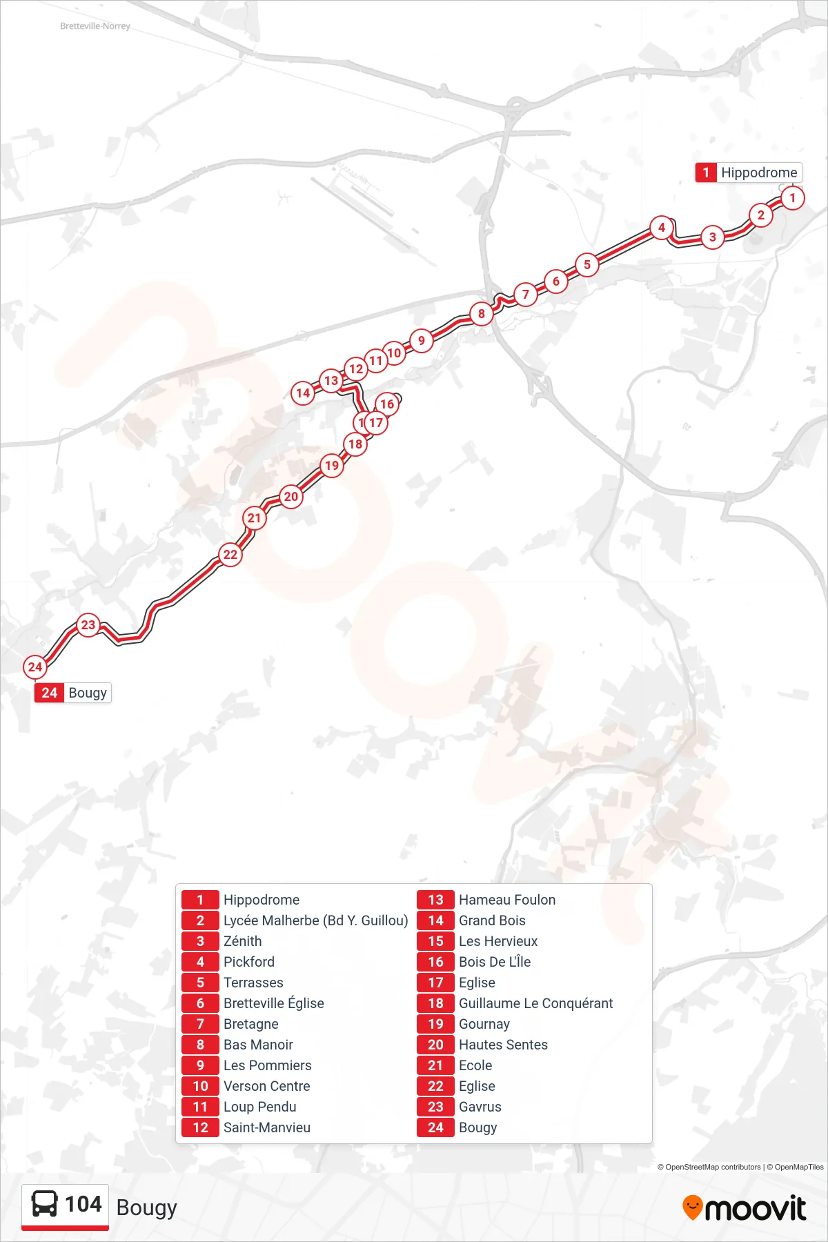 Recorrido y paradas de la línea 104 de autobús (Bougy) en el mapa