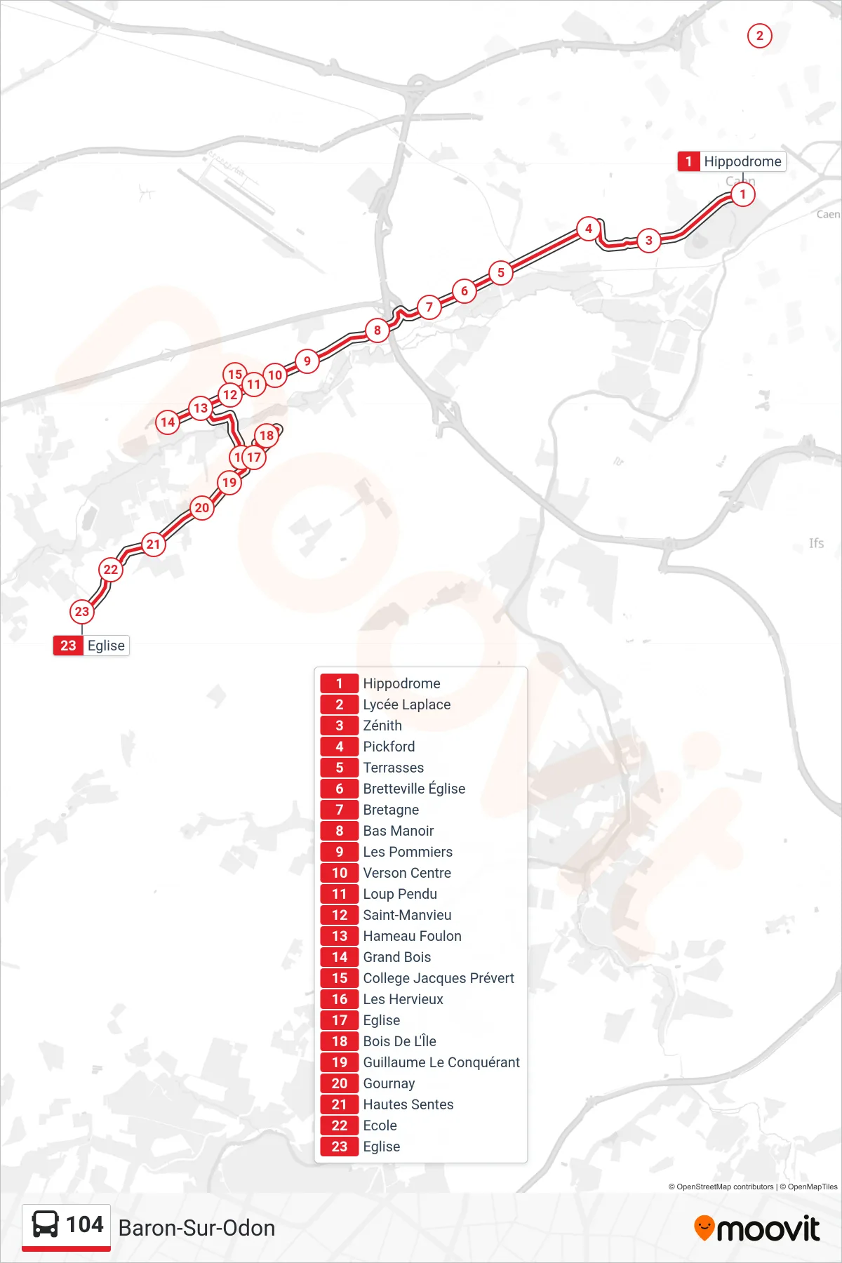 Recorrido y paradas de la línea 104 de autobús (Baron-Sur-Odon) en el mapa