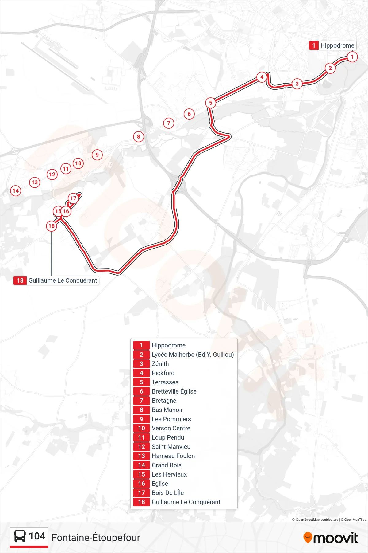 Tracé et arrêts de la ligne 104 de bus (Fontaine-Étoupefour) sur une carte