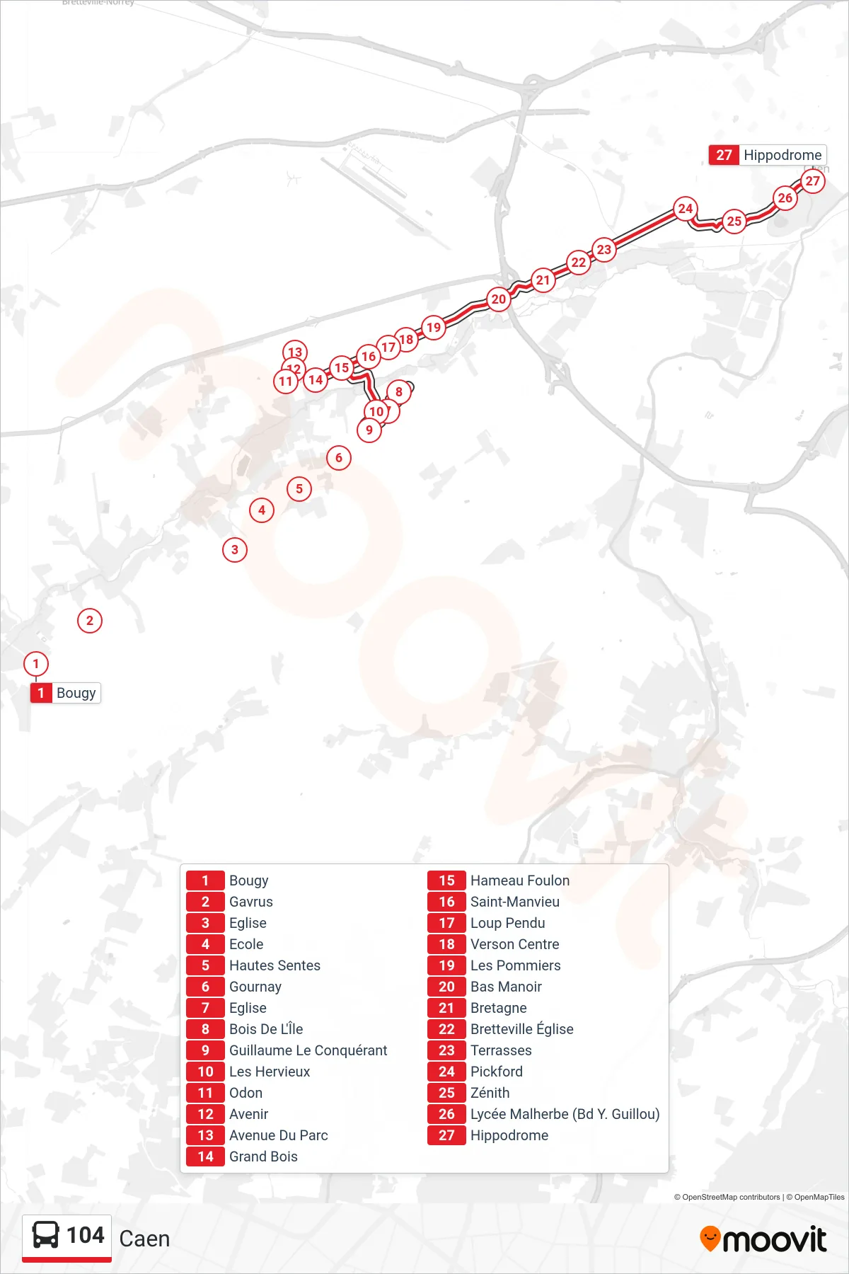 Tracé et arrêts de la ligne 104 de bus (Caen) sur une carte