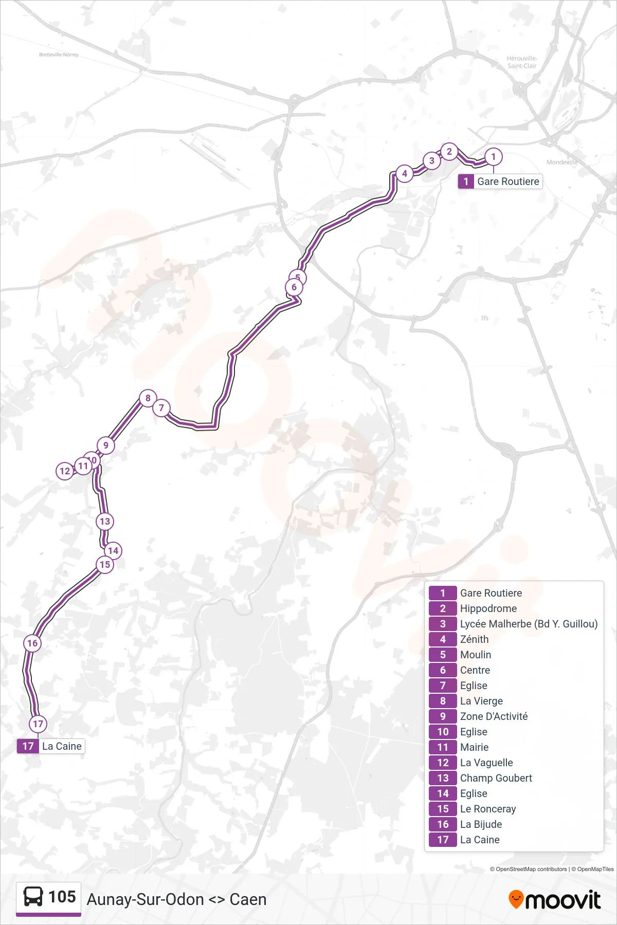 Tracé et arrêts de la ligne 105 de bus (La Caine) sur une carte
