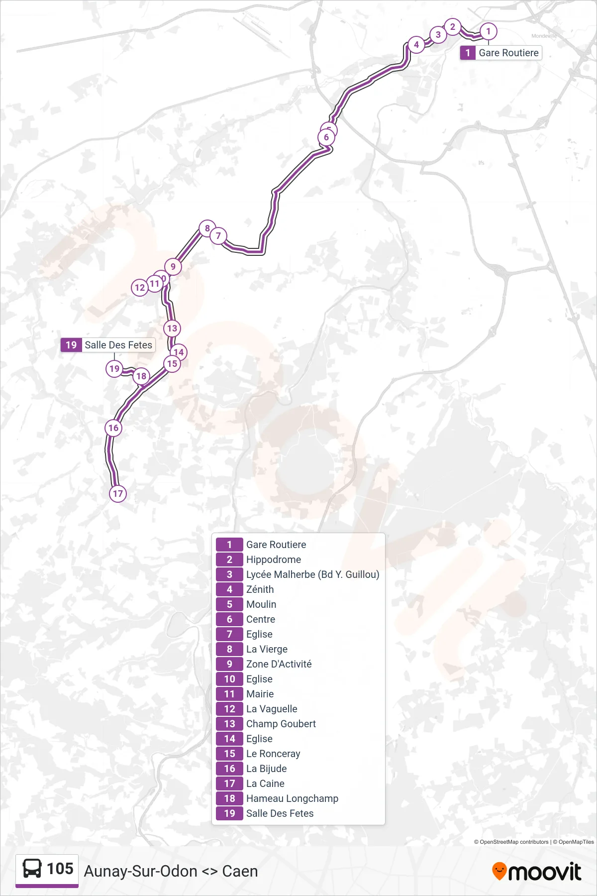 Recorrido y paradas de la línea 105 de autobús (Vacognes-Neuilly) en el mapa