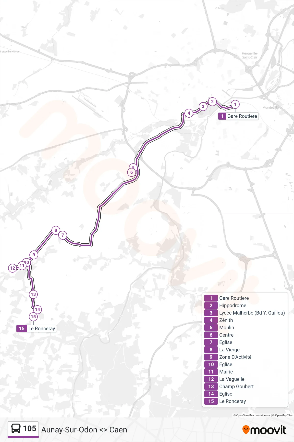 Recorrido y paradas de la línea 105 de autobús (Sainte-Honorine-Du-Fay) en el mapa
