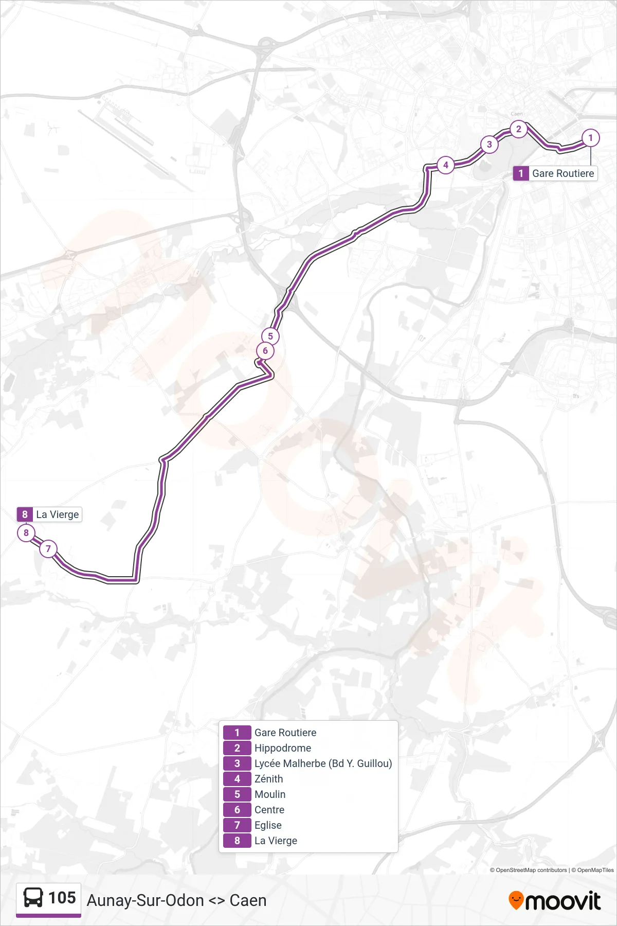 Tracé et arrêts de la ligne 105 de bus (Esquay-Notre-Dame) sur une carte