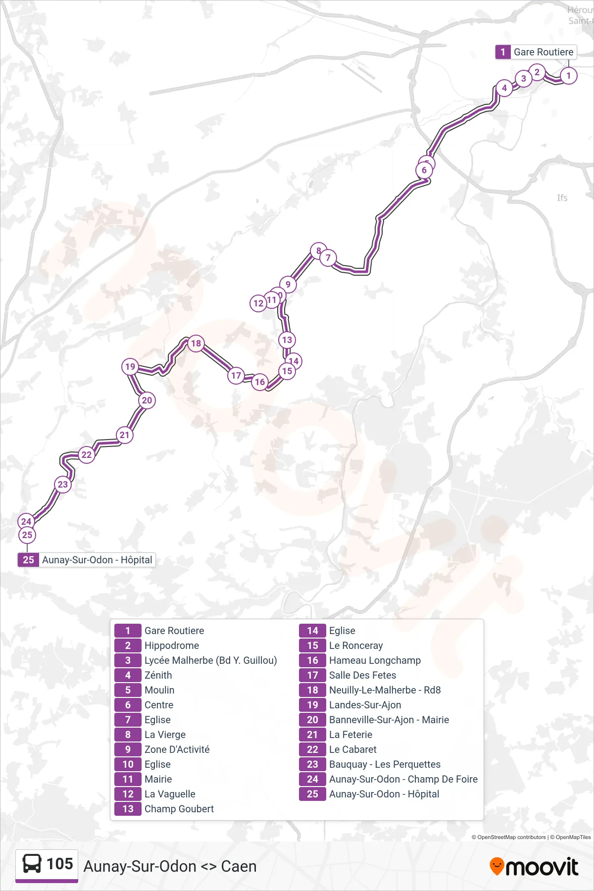 Tracé et arrêts de la ligne 105 de bus (Les Monts D'Aunay) sur une carte