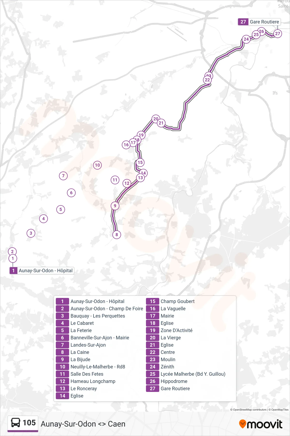 Tracé et arrêts de la ligne 105 de bus (Caen) sur une carte