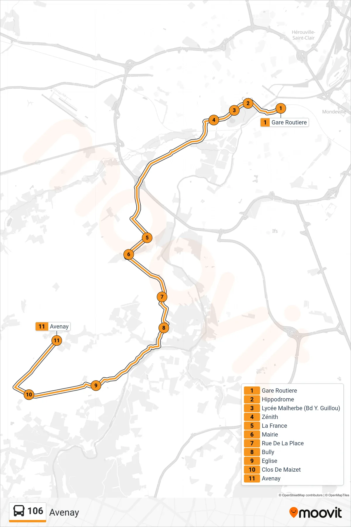 Tracé et arrêts de la ligne 106 de bus (Avenay) sur une carte